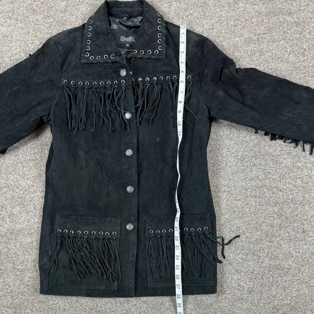 Vintage Excelled Collection Black Suede Leather Western Fringe Jacket Women’s XS - Picture 12 of 13